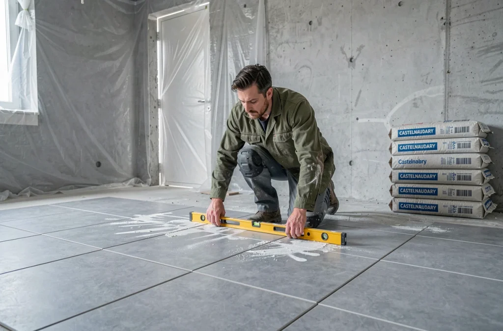 Pose de carrelage par Lotis Carrelage à Castelnaudary dans une maison neuve