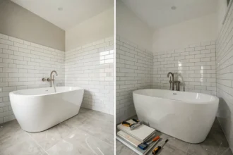 Vue d'ensemble d'une rénovation de salle de bain moderne en Loire-Atlantique avec carrelage blanc et baignoire îlot