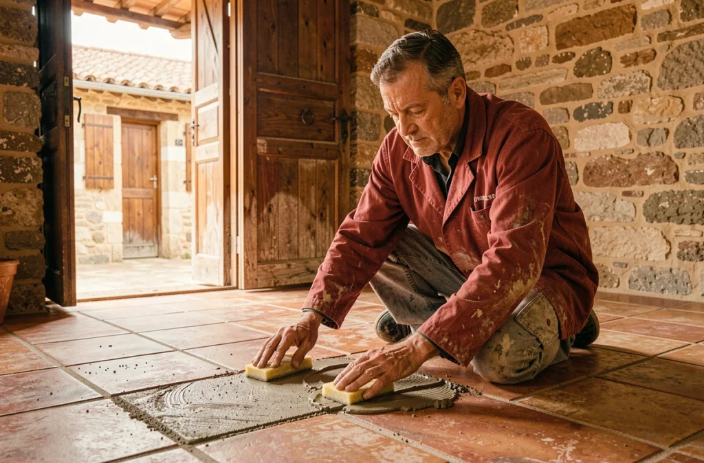 Music Patrick carreleur indépendant réalisant le jointoiement d'un sol en terracotta dans le Tarn