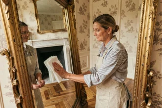 Femme nettoyant délicatement un miroir ancien doré avec un chiffon en microfibre dans un intérieur classique français