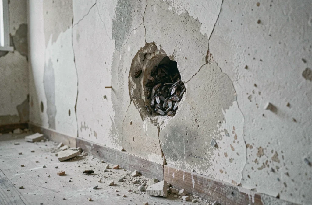 Nid de mouches dormantes découvert dans une cavité murale lors de travaux de rénovation hivernale