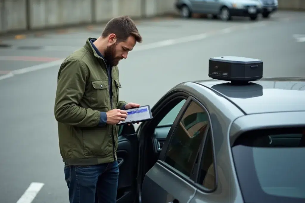Homme consultant une tablette pour paramétrer son détecteur Angeleye posé sur le toit d'une voiture dans un parking