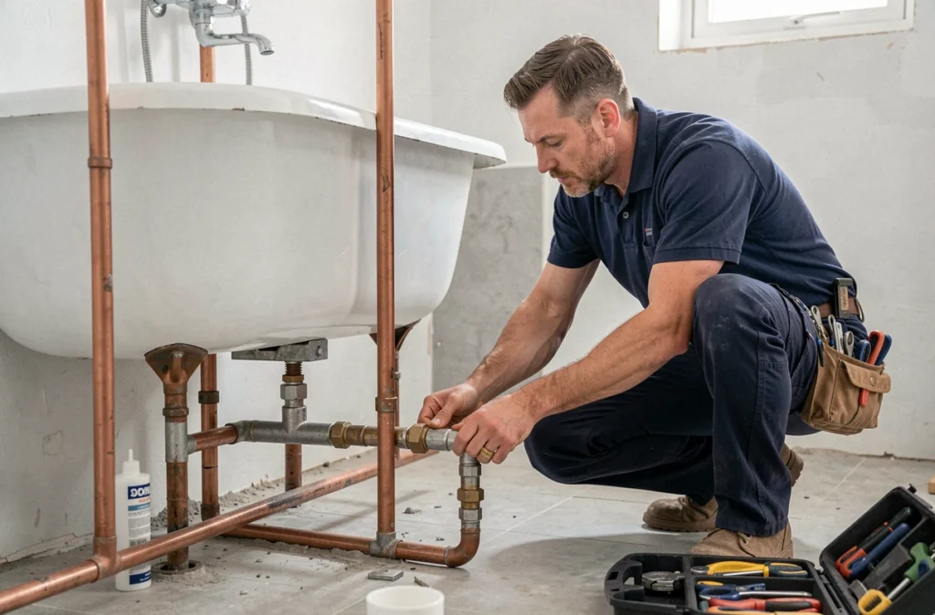 Plombier de Plombier Trav'Eau Renov installant une baignoire avec raccordements en cuivre dans une salle de bain en rénovation
