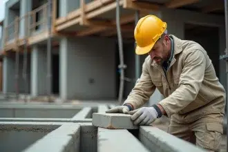 Ouvrier posant un entrevous béton entre des poutrelles métalliques sur un chantier de construction de plancher