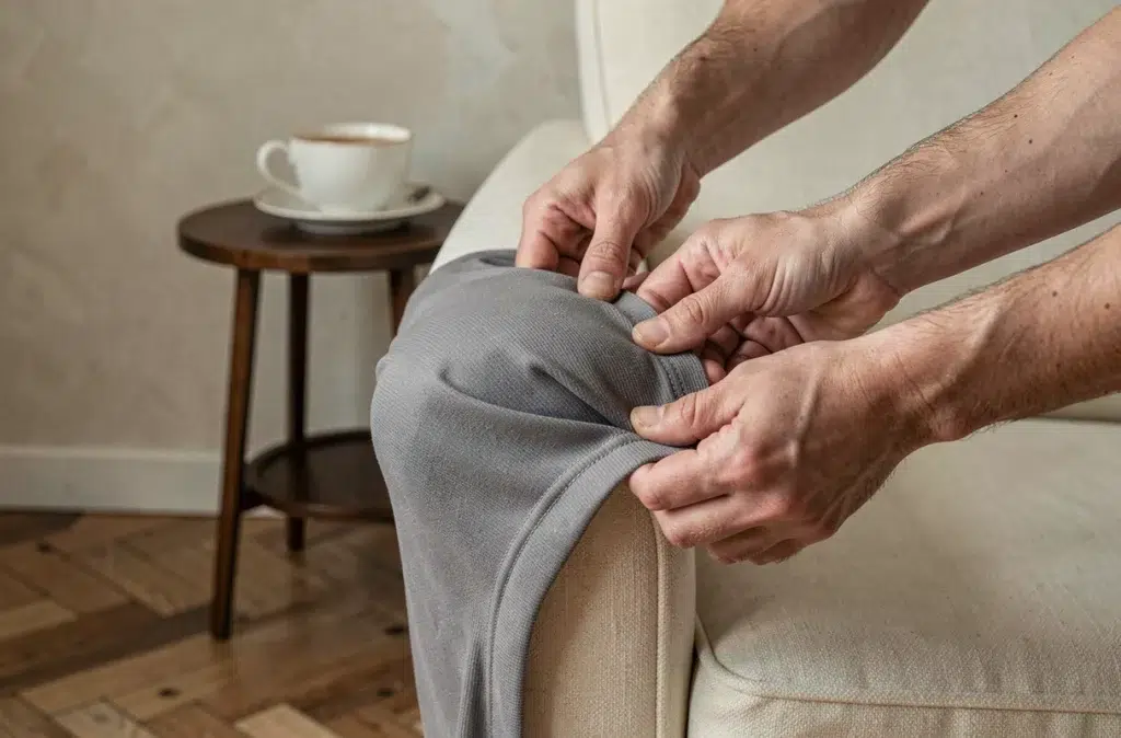 Pose d'une housse extensible grise sur un fauteuil clair par des mains expertes