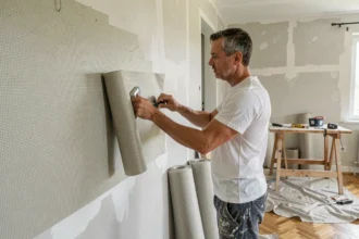 Poseur appliquant de la toile de verre sur un mur en plâtre lors d'une rénovation intérieure