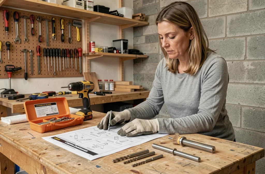 Femme bricoleur préparant un kit de scellement chimique avec vis, tiges filetées et instructions sur un établi d'atelier