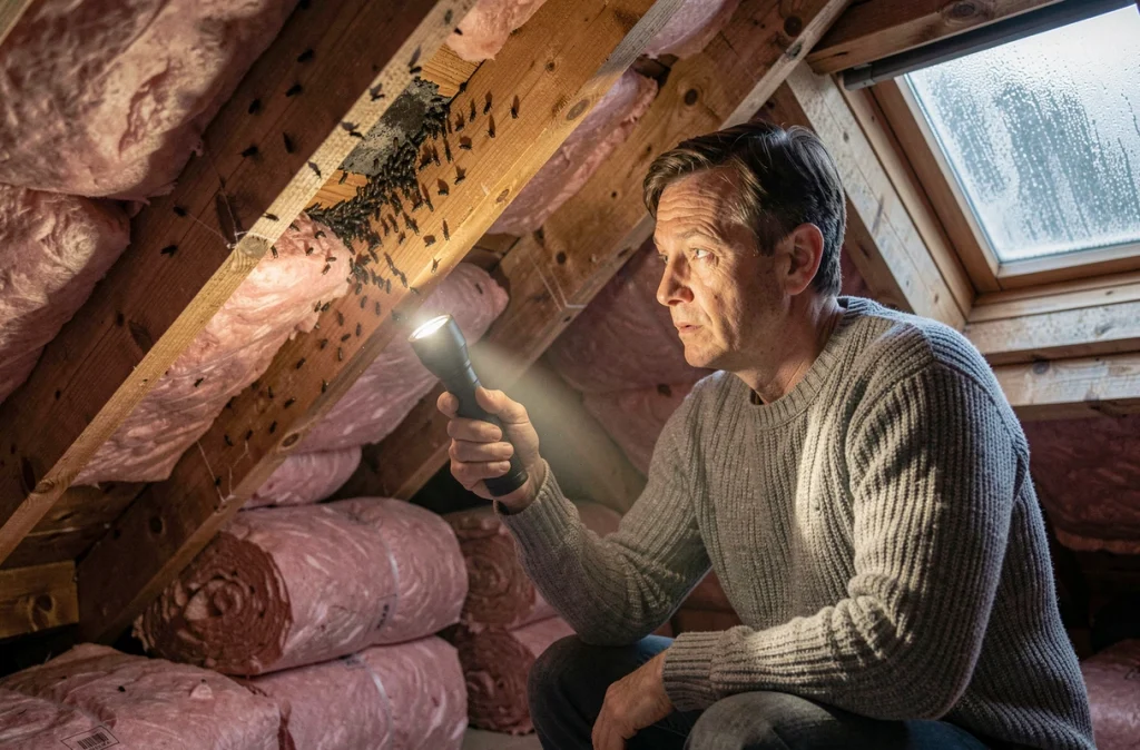Propriétaire découvrant un nid de mouches sous les combles de sa maison en hiver