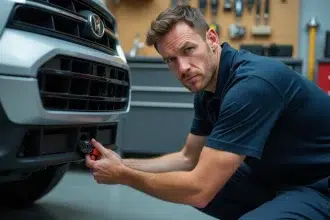 Technicien en train de régler un détecteur Angeleye monté sur la calandre d'un véhicule dans un garage résidentiel