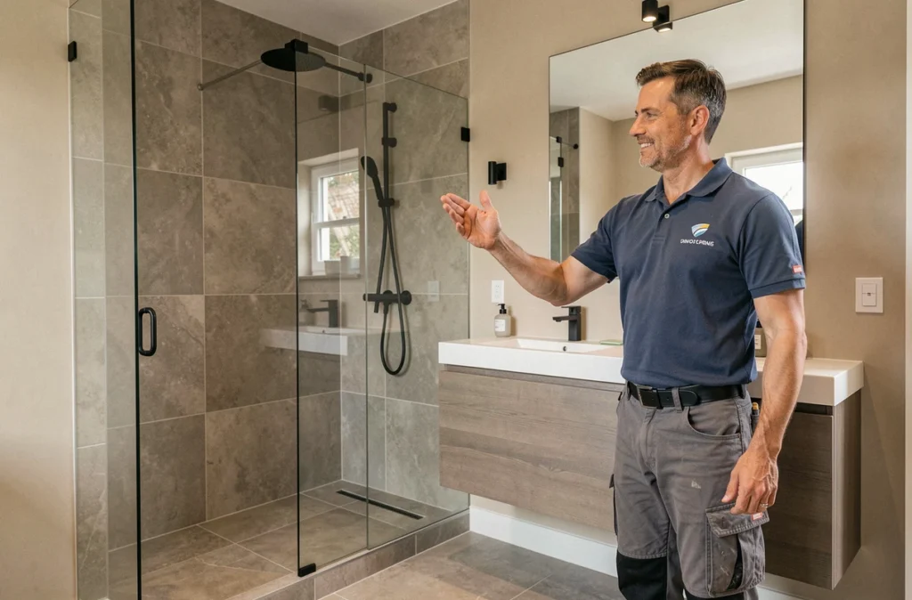 Artisan de Renocem Habitat présentant une salle de bain rénovée avec douche à l'italienne et double vasque