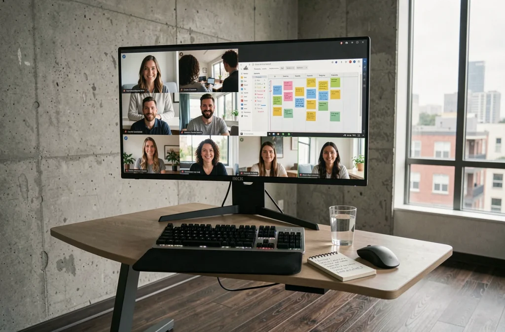 Réunion d'équipe en visioconférence sur un grand écran avec tableau de planification de sprint agile, représentant la collaboration en télétravail