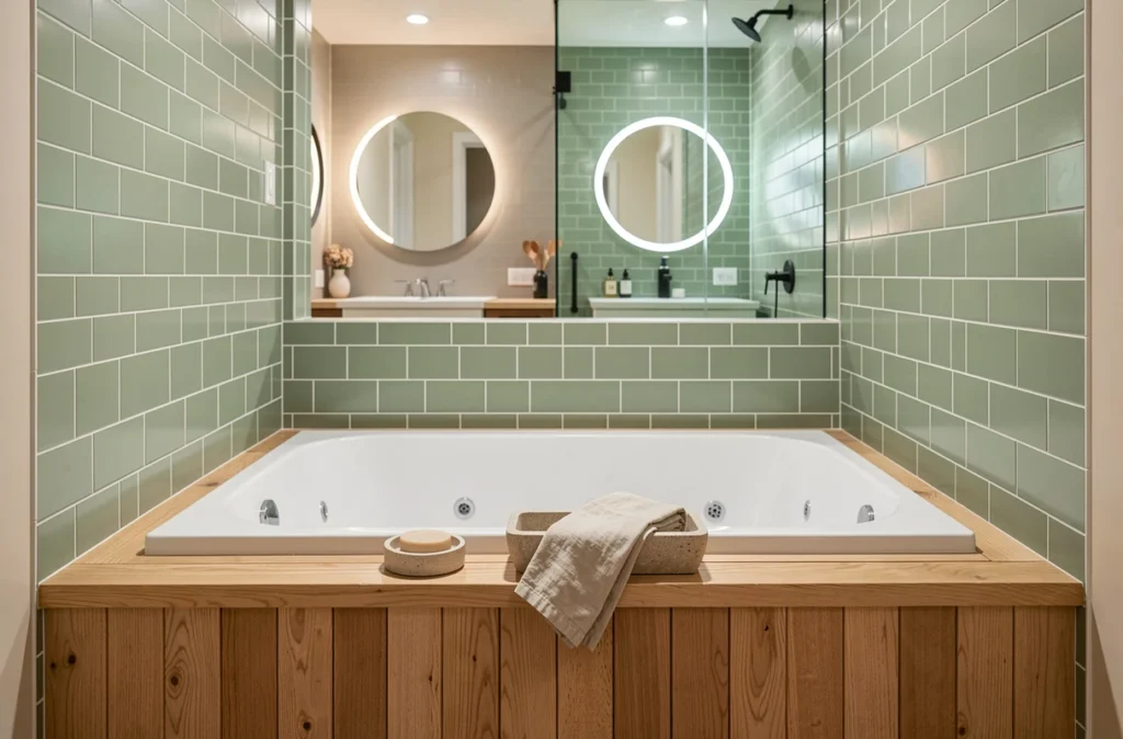 Salle de bain moderne avec baignoire balnéo rectangulaire encastrée en bois clair et carrelage vert sauge après rénovation