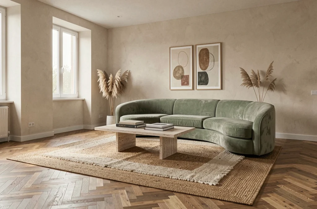 Salon moderne décoré selon des tendances IA 2026 avec canapé velours vert sauge et table en travertin