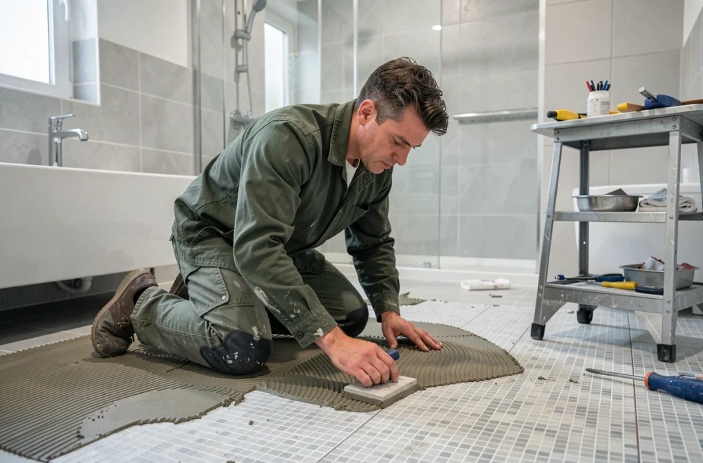 Sarl Musik Carrelage posant une mosaïque dans une salle de bain à Pamiers