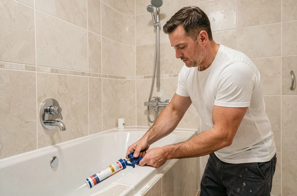 Artisan de Sébastien Fauquenoi Rénovations appliquant du silicone autour d'une baignoire dans une salle de bain rénovée en beige
