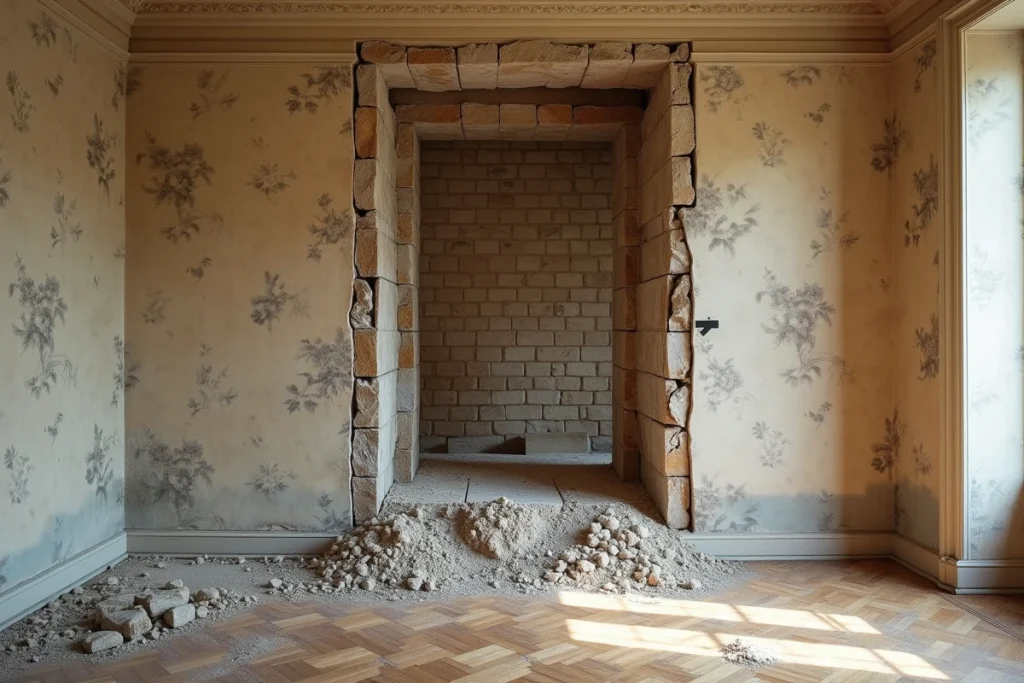 Section d'un mur de refend en maçonnerie ancienne mis à nu lors de travaux de rénovation immeuble haussmannien