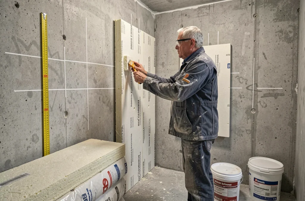 Spécialiste de la Société Isolation Rénovation du Bâtiment posant des panneaux isolants dans une salle de bain