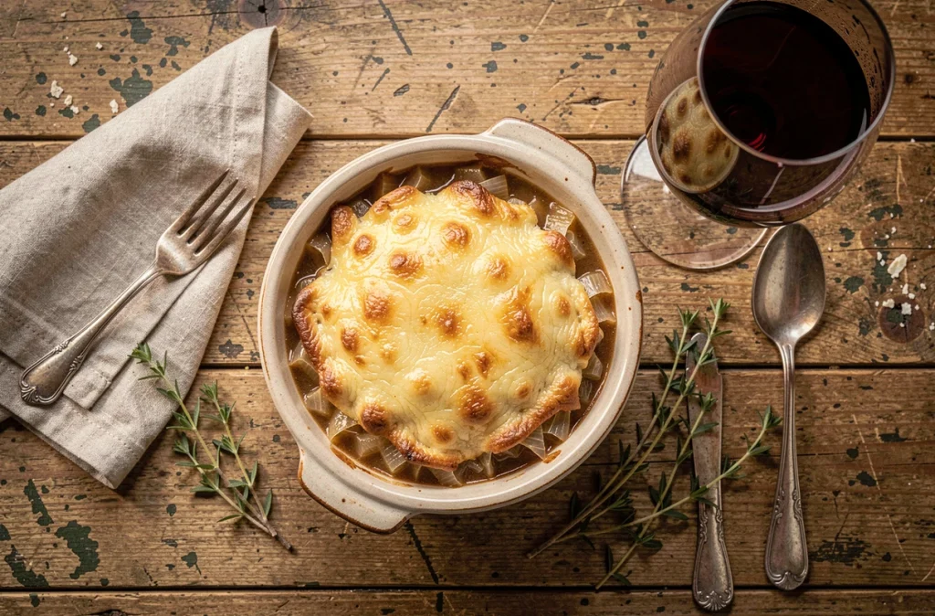 Soupe à l'oignon gratinée et verre de Bordeaux sur une table en bois rustique au restaurant La Porte Bleu