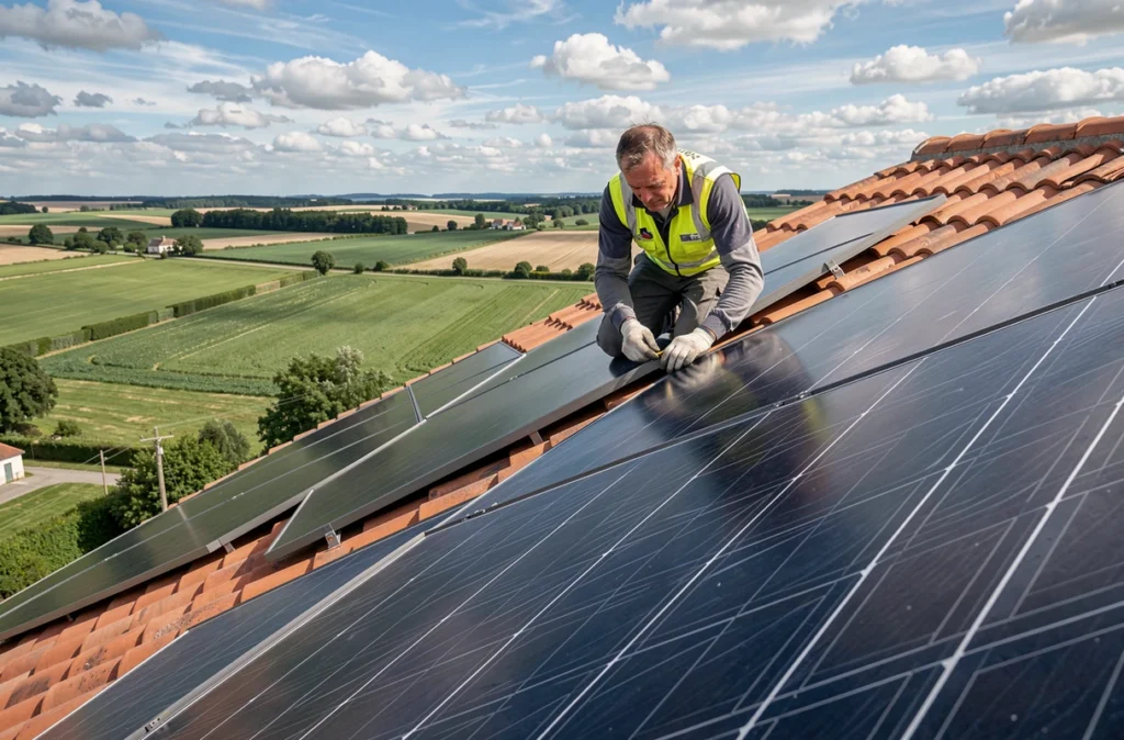 Technicien installant des panneaux solaires sur un toit de maison en Maine-et-Loire pour Systemes Solaires