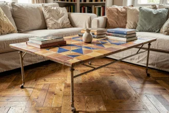 Table basse Capron vintage avec plateau en céramique aux motifs géométriques peints à la main, posée sur parquet en chêne dans un appartement parisien
