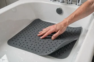 Tapis antidérapant gris texturé au fond d'une baignoire blanche avec main testant l'adhérence