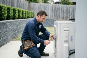 Technicien en train d'entretenir une pompe à chaleur extérieure dans un jardin résidentiel