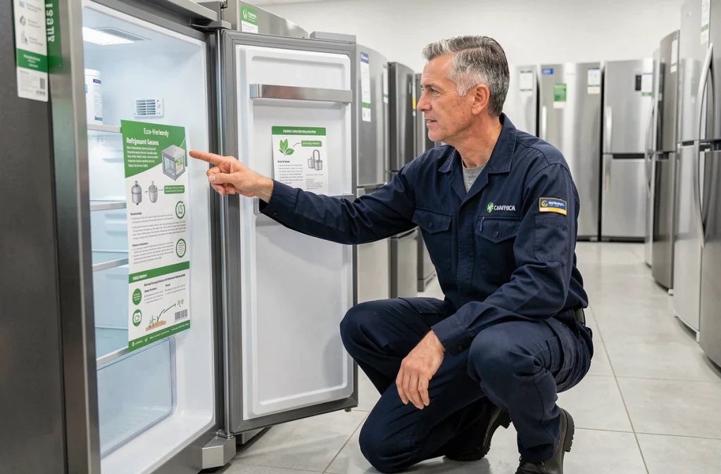 Technicien en électroménager expliquant les gaz réfrigérants écologiques dans un magasin d'appareils électroménagers