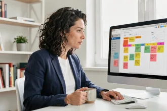 Femme en télétravail devant un tableau Kanban numérique dans un bureau à domicile scandinave, illustrant la gestion agile de projets à distance