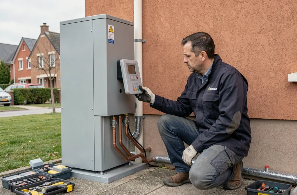 Technicien de Thermi-Confort inspectant une pompe à chaleur installée sur une maison à Cholet