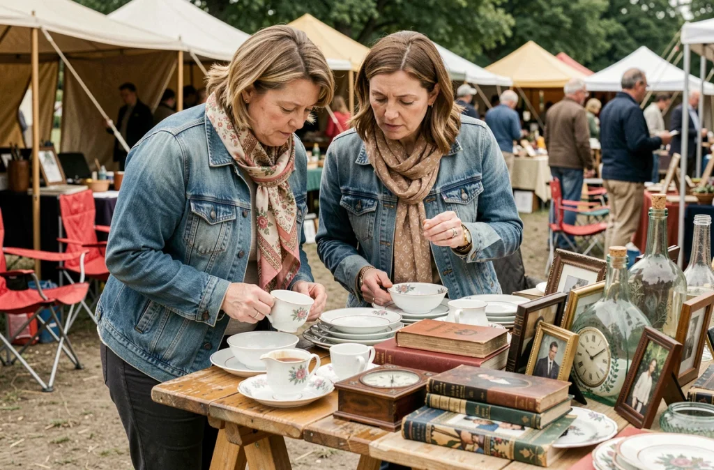Mère et fille inspectant des objets de collection sur un étal de vide-grenier en plein air